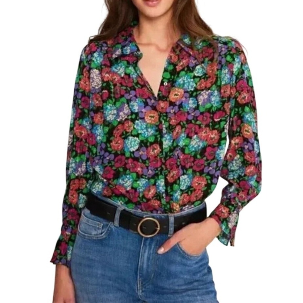 Elie Tahari Metalic Floral Print Long Sleeve Shirt size Large